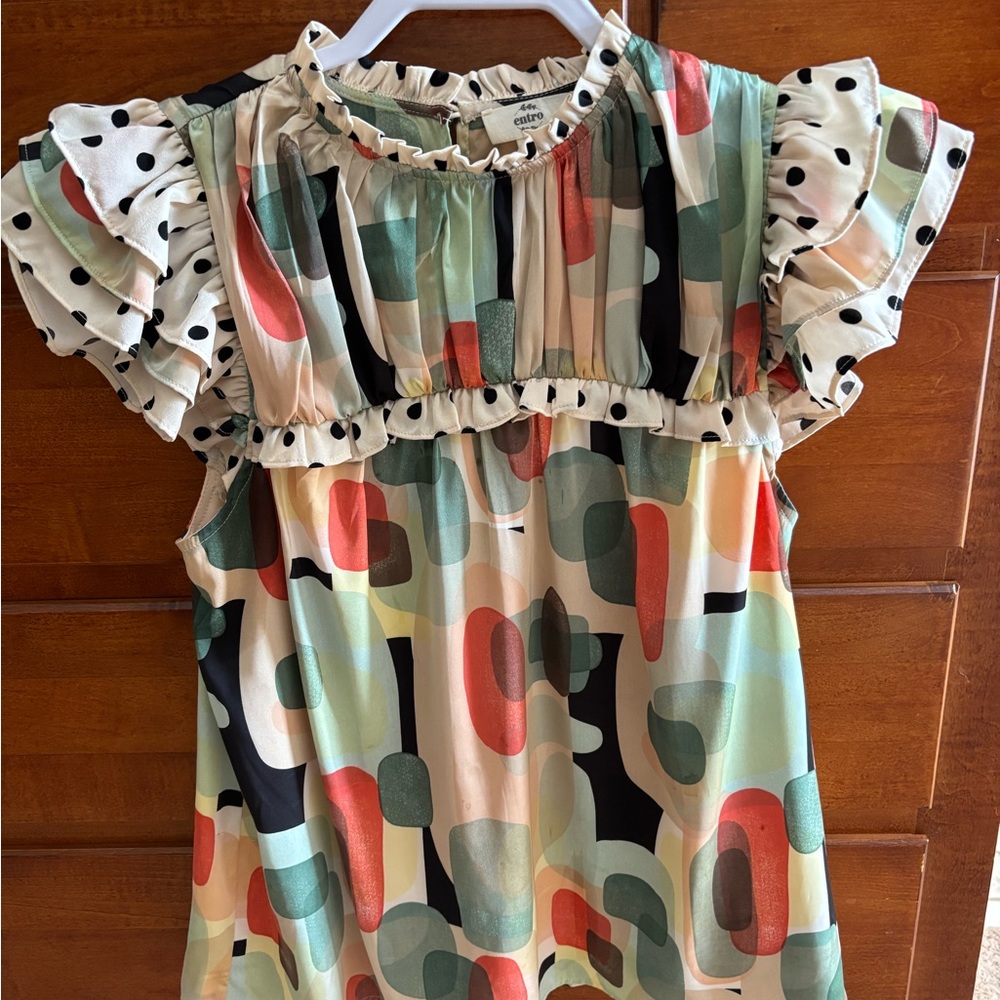 Entro Multicolor Abstract Blouse with Polka Dot Ruffle Sleeves